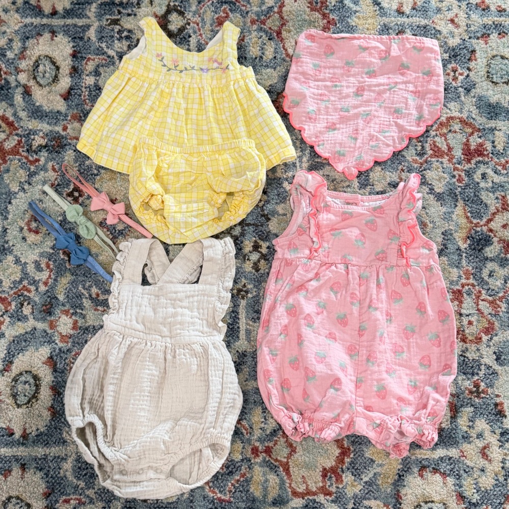Baby Gap Burts Bees Cloud Island Girls 3-6M Yellow Pink Cream Romper Bundle EUC